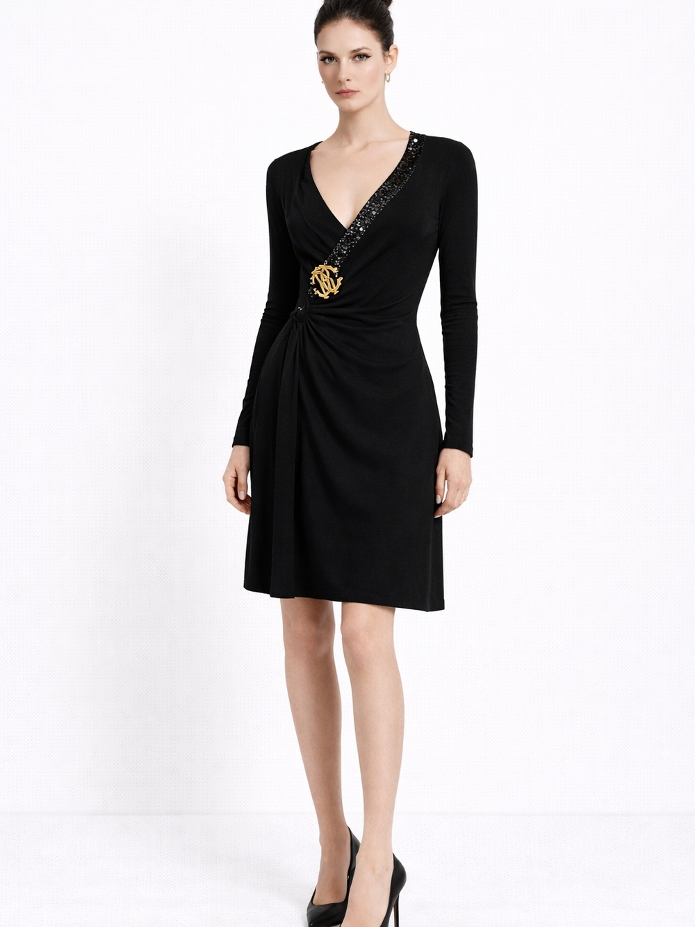 Roberto Cavalli Black Jersey Dress with Gold RC Medallion NWOT
